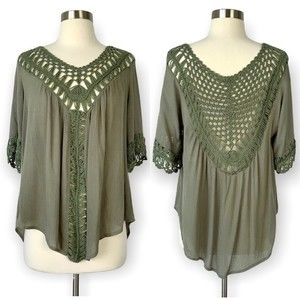 NWT Cozy Casual Short Sleeve Olive Green Boho Crochet Top
